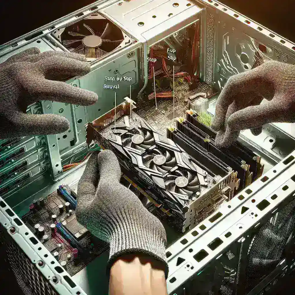 "Guía paso a paso para extraer una tarjeta gráfica de una PC de forma segura, mostrando el proceso y herramientas necesarias."