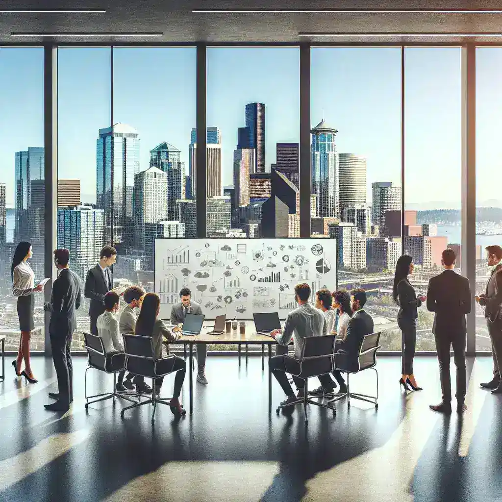 "Startup Foundations de Seattle expande oficinas, con un moderno espacio de trabajo colaborativo lleno de luz natural y equipos innovadores para fomentar la creatividad y el crecimiento empresarial."