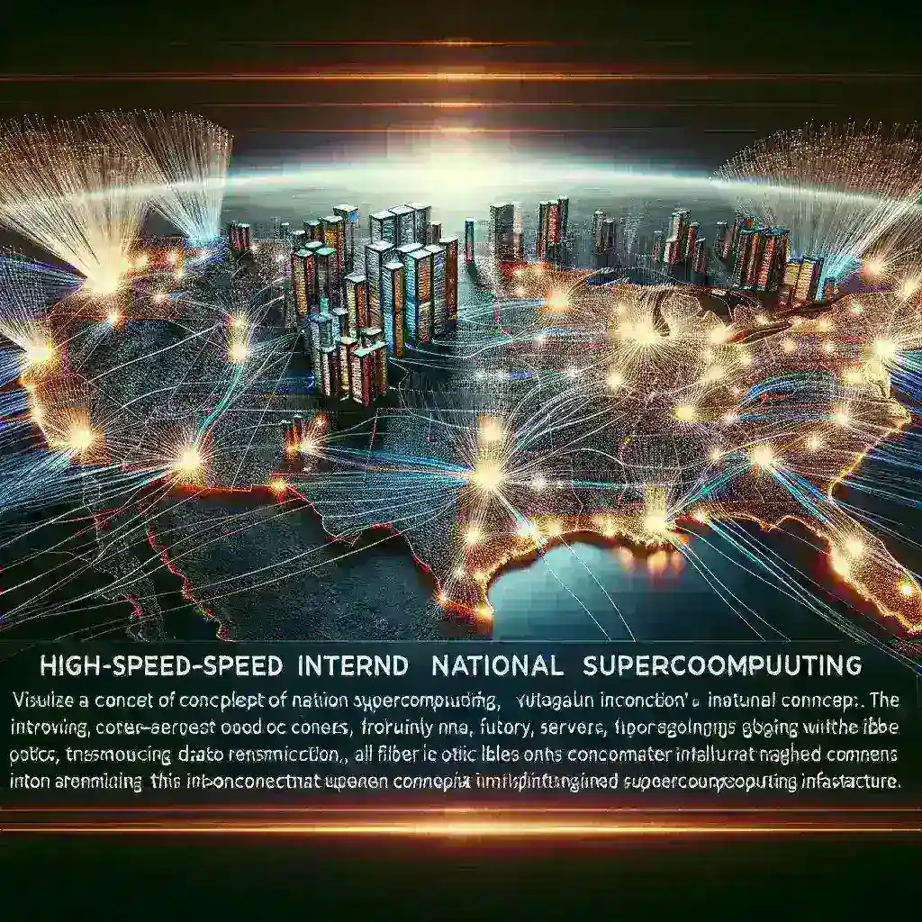 "Interconexión ultrarrápida en supercomputación nacional: ilustración de nodos de alta velocidad interconectados, representando la infraestructura avanzada para potenciar el procesamiento de datos en supercomputadoras."