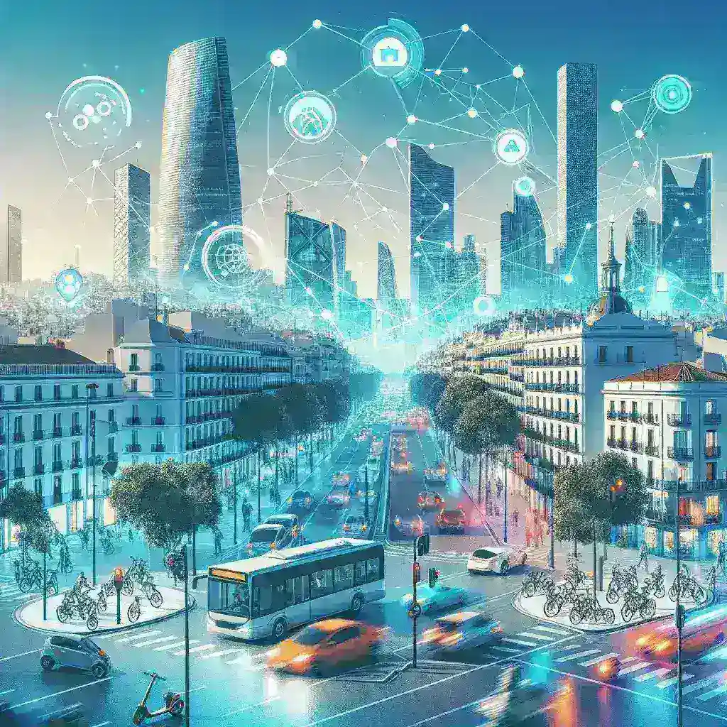 "Aplicaciones de movilidad urbana desarrolladas por startups españolas para la predicción de tráfico, mostrando una interfaz moderna y tecnología innovadora en un entorno urbano."