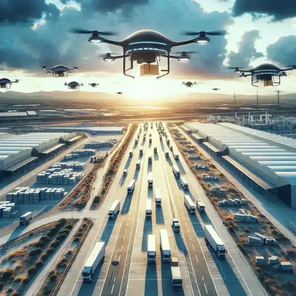 "Drone logístico de Amazon España volando sobre un polígono industrial, mostrando la innovación en la entrega de paquetes a través de tecnología avanzada."