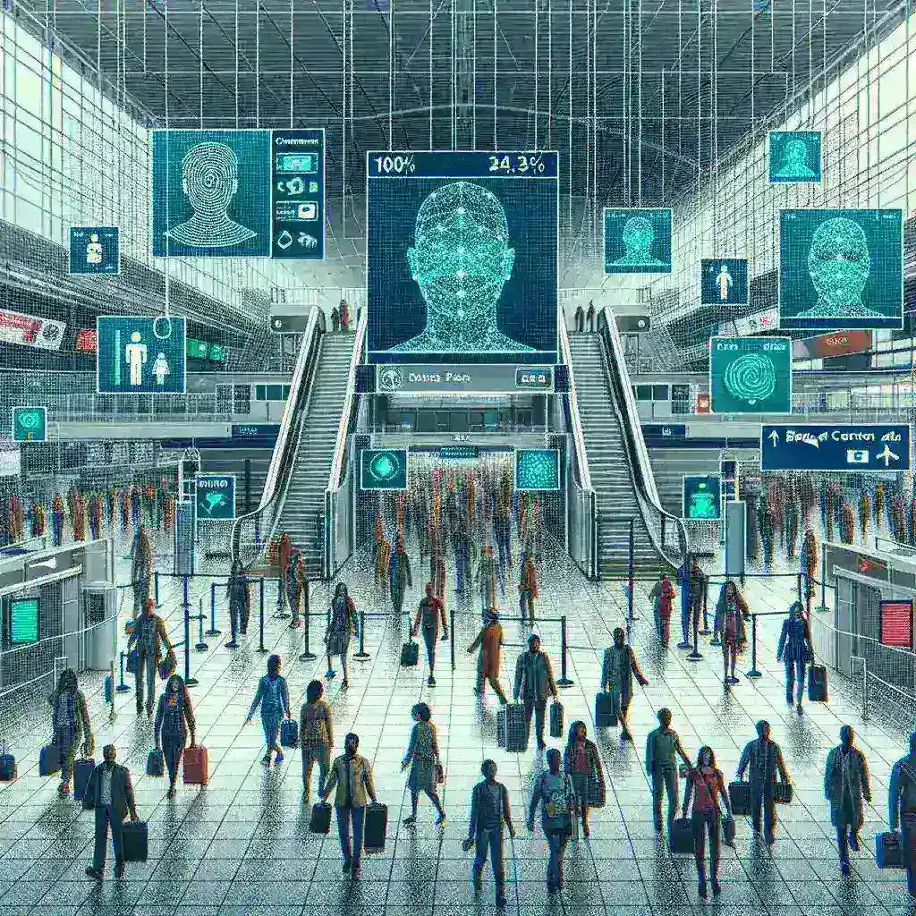 "Imagen del aeropuerto de Barajas mostrando el nuevo sistema de control fronterizo biométrico al 100%, con pasajeros utilizando tecnología de reconocimiento facial para agilizar el proceso de entrada."