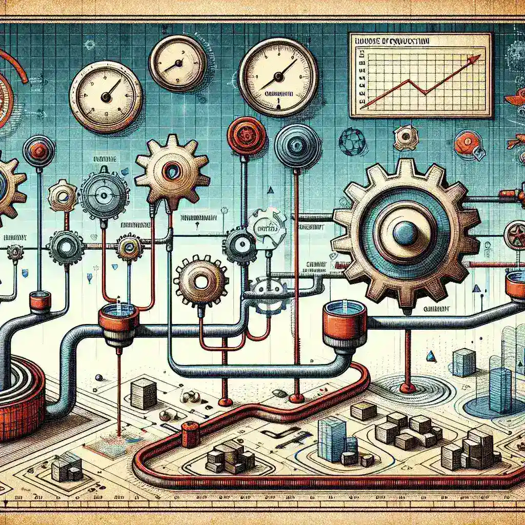 "Gráfico ilustrativo mostrando herramientas clave para medir la eficiencia del pipeline de desarrollo, destacando métodos de optimización y mejores prácticas en el proceso de desarrollo de software."