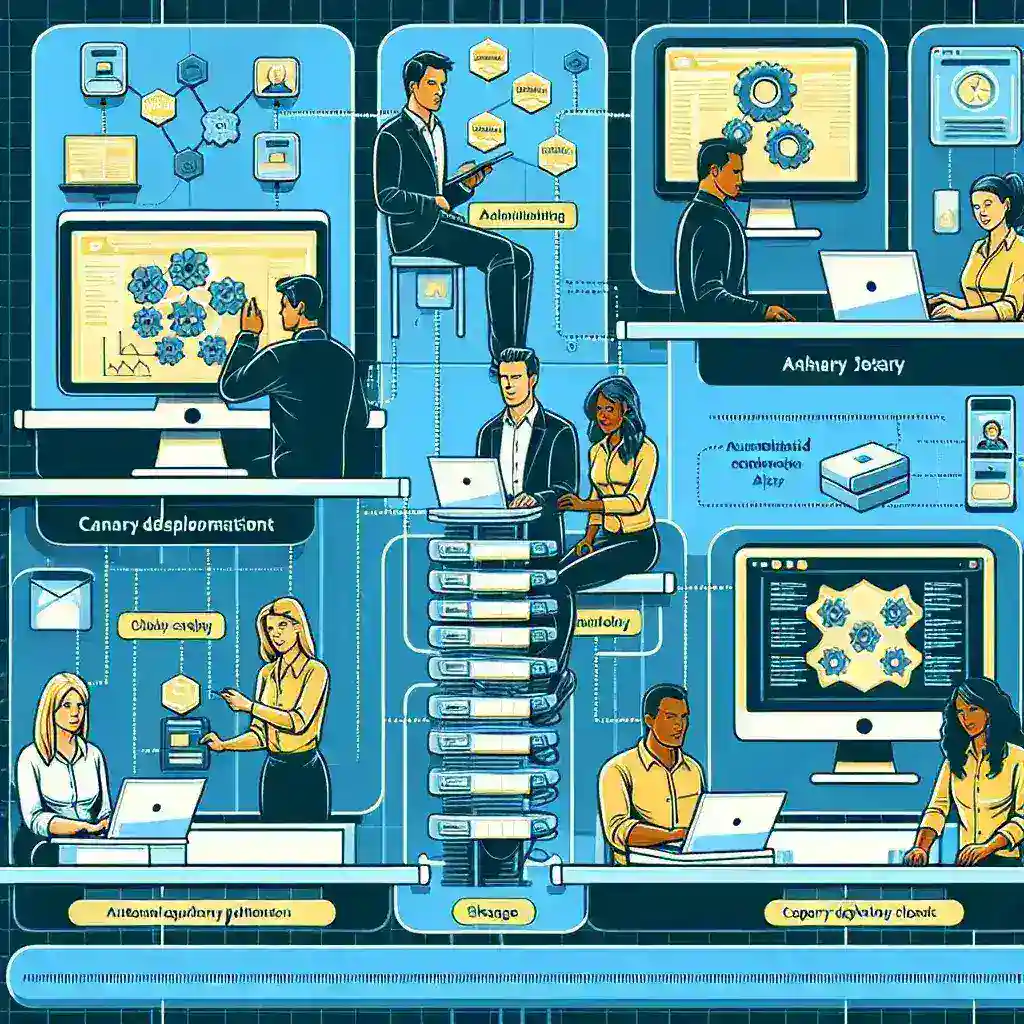 "Imagen de una interfaz de plataforma de automatización para patrones de despliegue canario en un entorno DevOps moderno, mostrando gráficos y métricas de implementación."